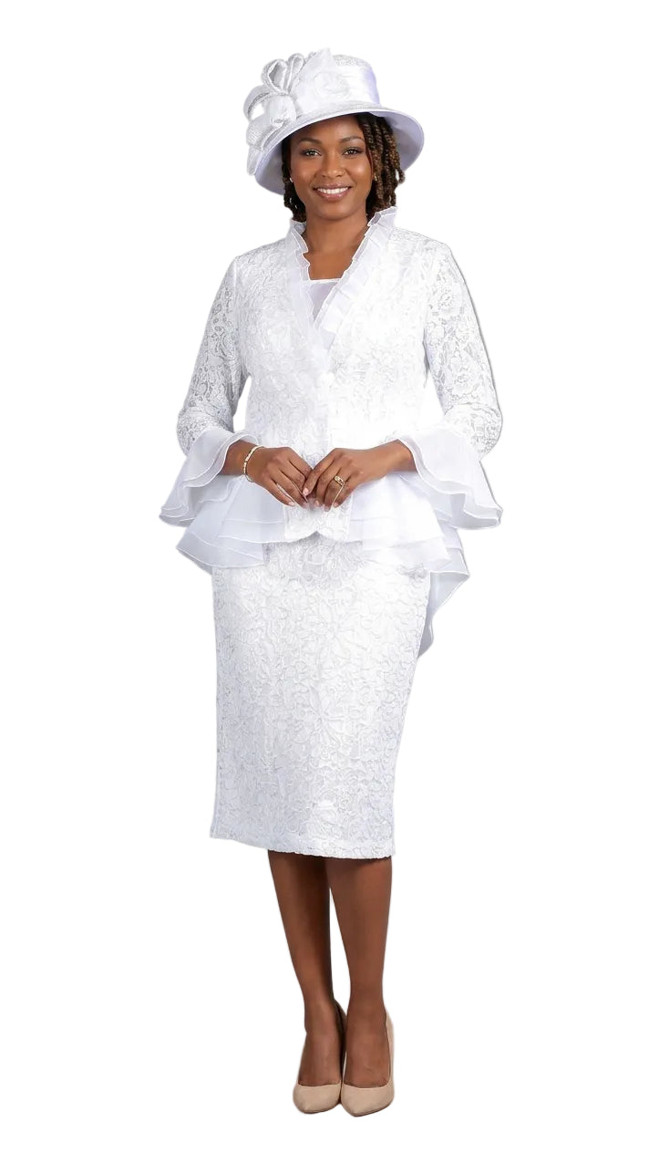 3pc Lace Suit w/ Ruffled Neckline & Organza Trim