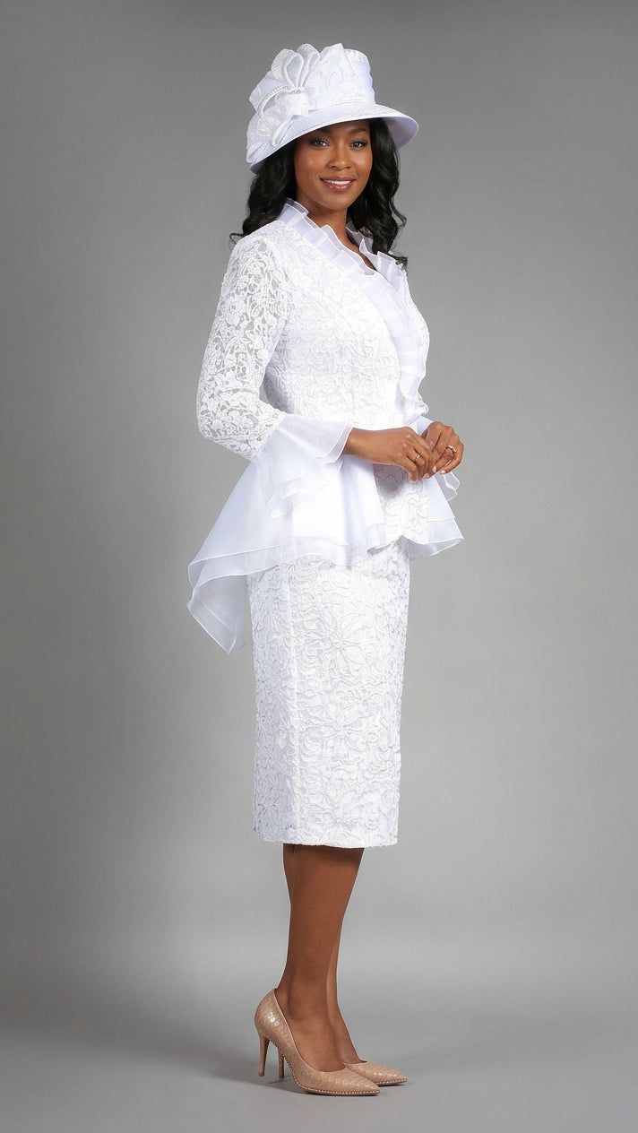 3pc Lace Suit w/ Ruffled Neckline & Organza Trim