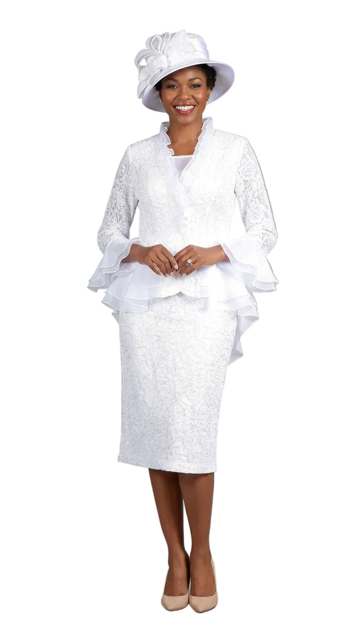 3pc Lace Suit w/ Ruffled Neckline & Organza Trim