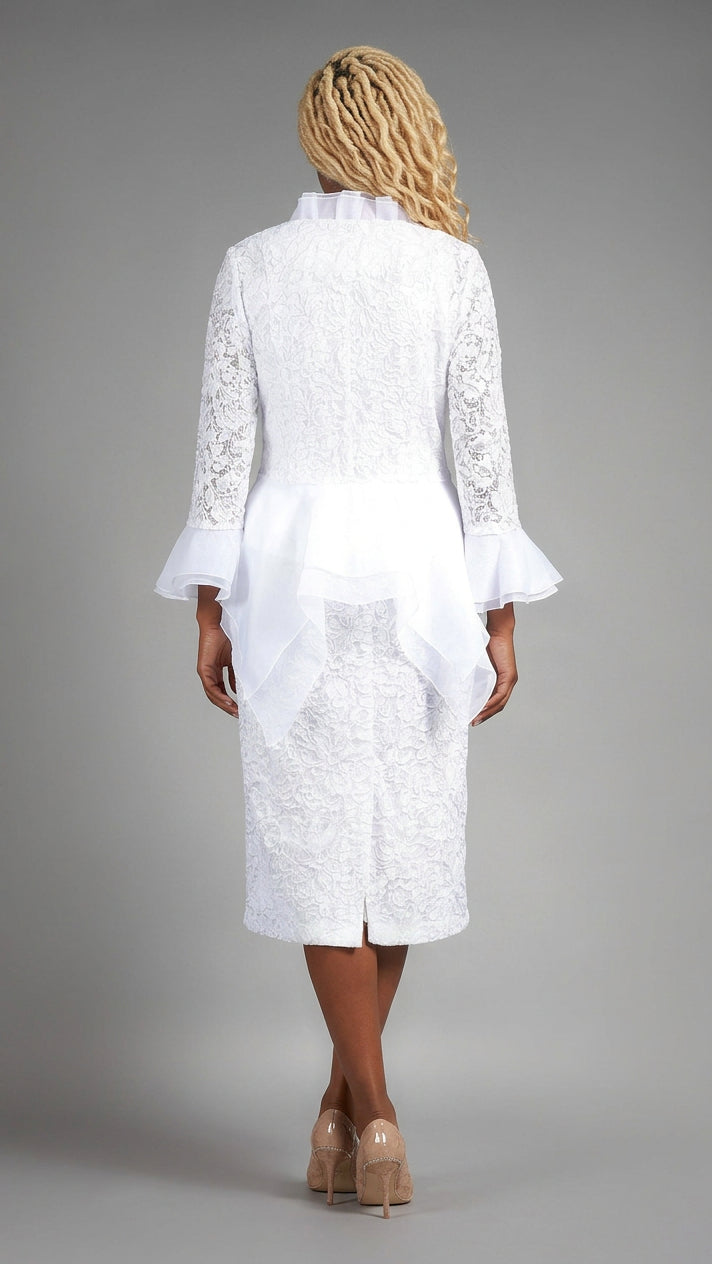 3pc Lace Suit w/ Ruffled Neckline & Organza Trim