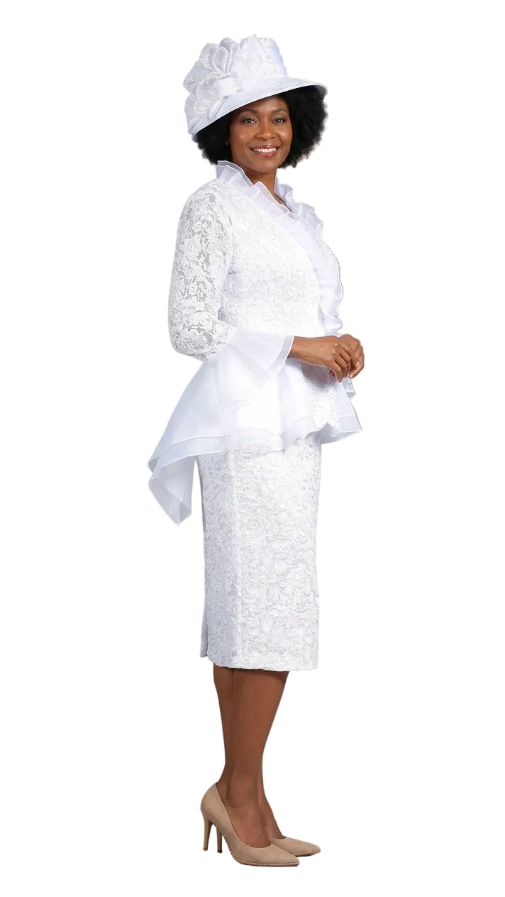 3pc Lace Suit w/ Ruffled Neckline & Organza Trim