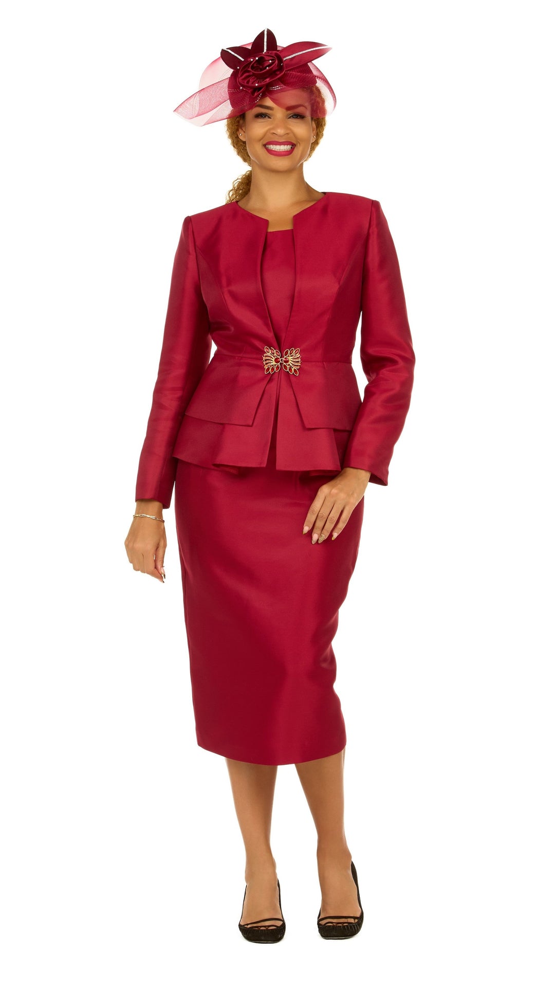 3pc Silky Twl Collarless Peplum Jkt Skt Suit-Plus