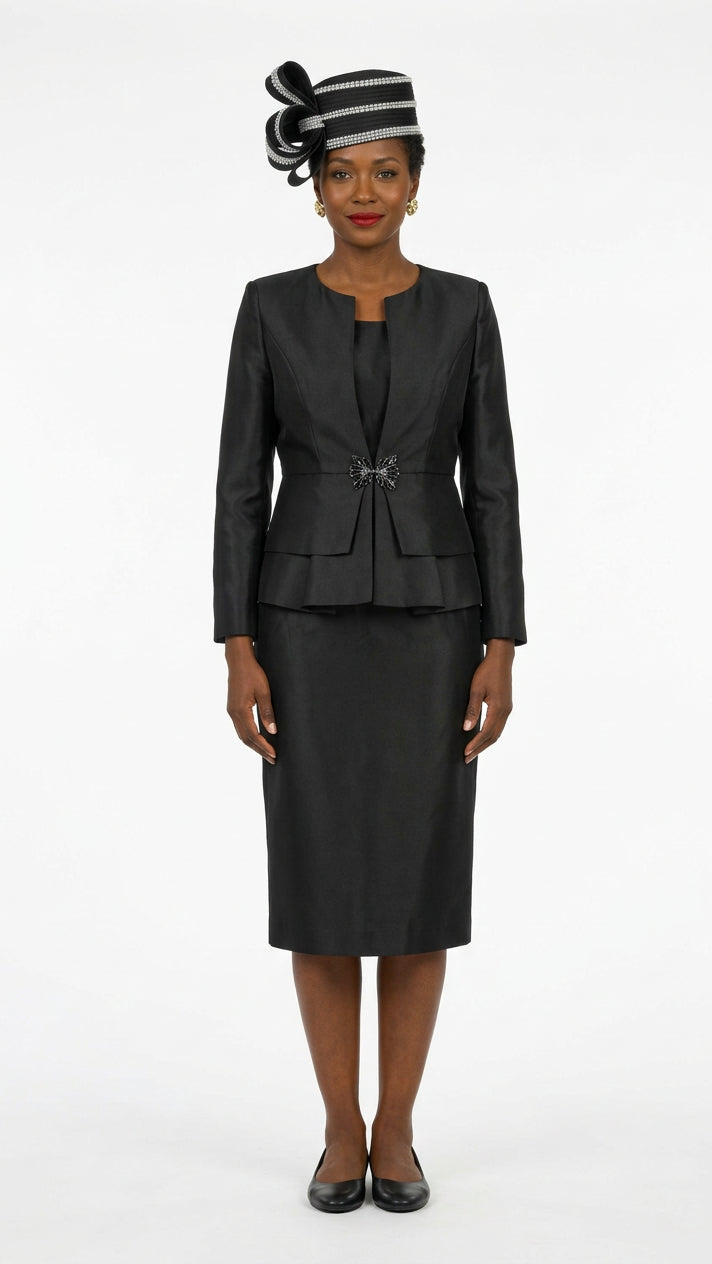 3pc Silky Twill Collarless Peplum Jkt Skt Suit