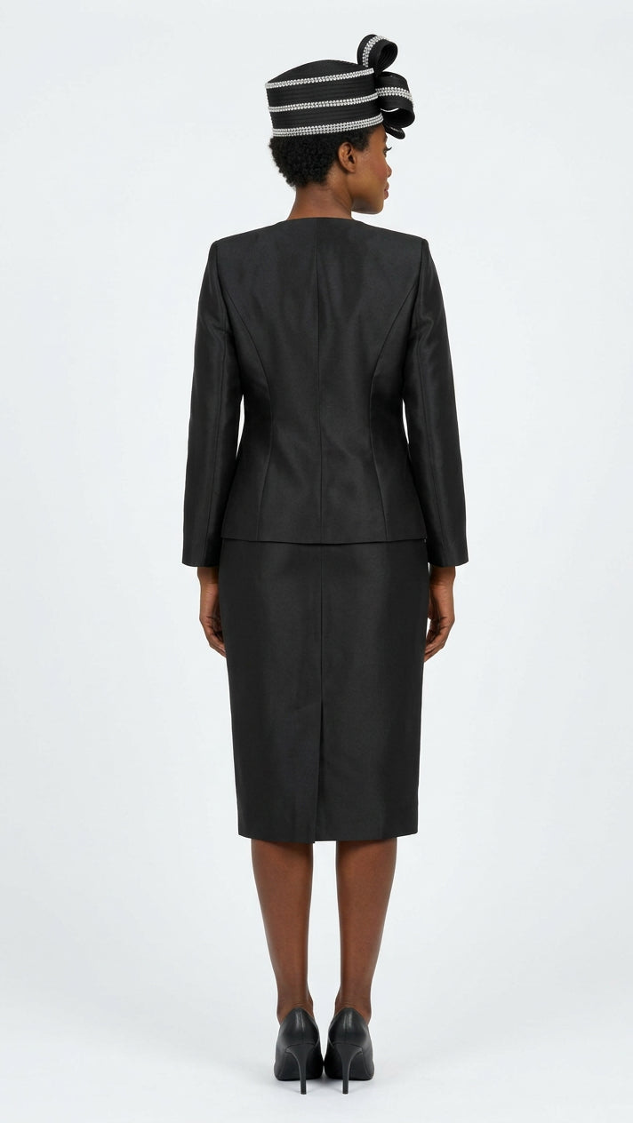 3pc Silky Twill Collarless Peplum Jkt Skt Suit