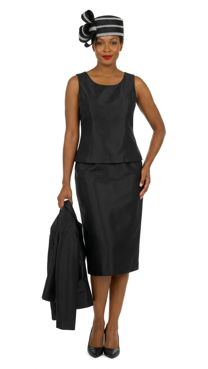 3pc Silky Twill Collarless Peplum Jkt Skt Suit