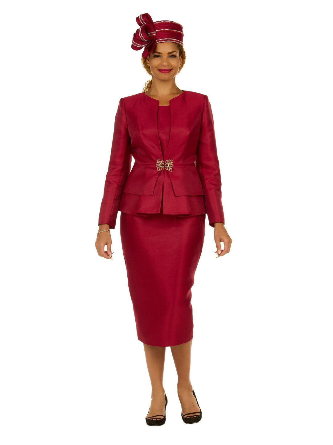 3pc Silky Twill Collarless Peplum Jkt Skt Suit - Especially Yours