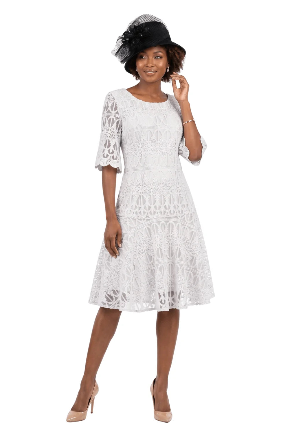 1pc Embroidery Lux Lace Pleated Flare Dress-Plus