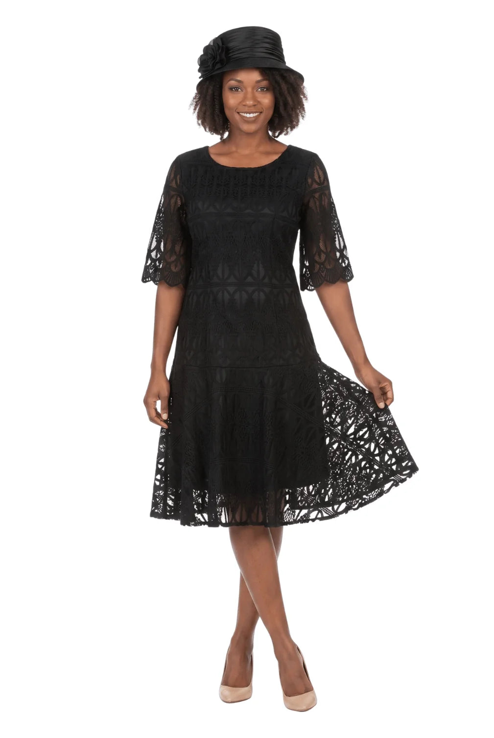 1pc Embroidery Lux Lace Pleated Flare Dress-Plus
