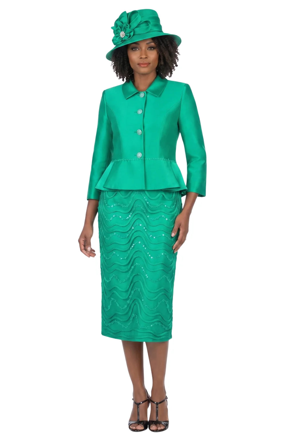 2pc Silky Twill Collarless Jkt + Lace Skirt Suit