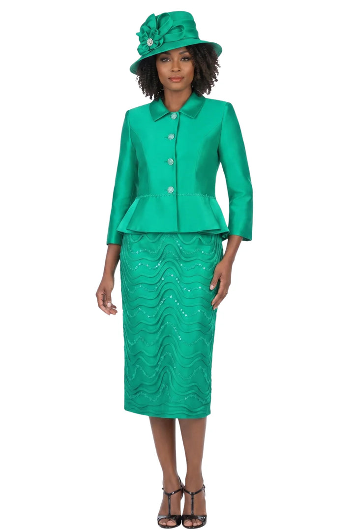 2pc Silky Twill Collarless Jkt + Lace Skirt Suit