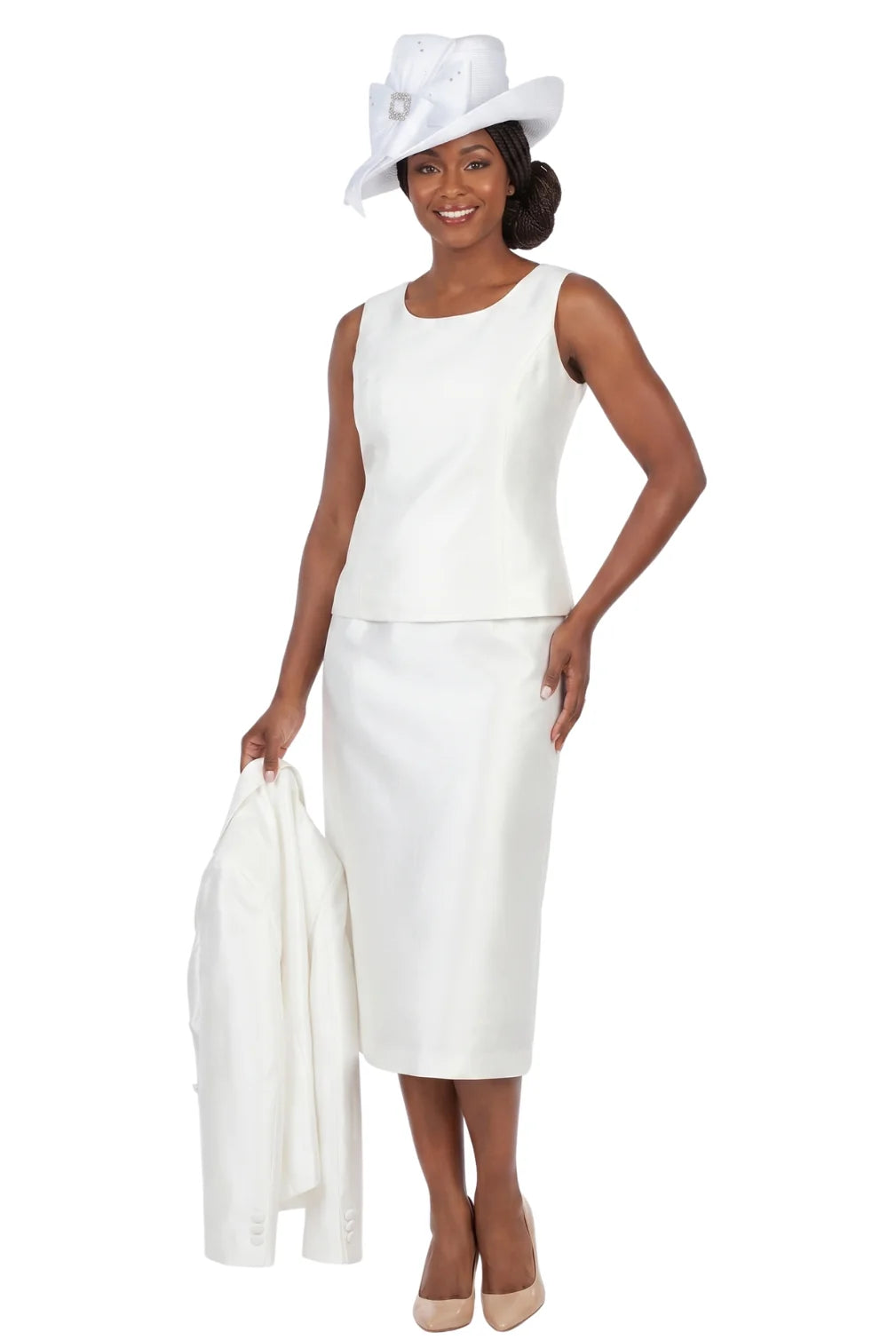 3pc Silky Twill Skirt Suit w/ Gathered Waist-Plus