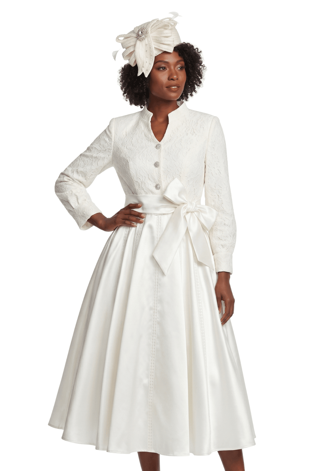 Balloon Slv Lace&Silky Twill A-line Drs w/ Belt - Especially Yours