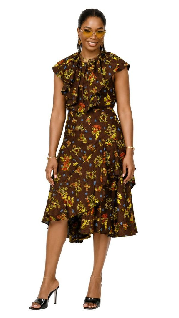 NALA AFRICAN PRINT RUFFLE NECK MIDI DRESS