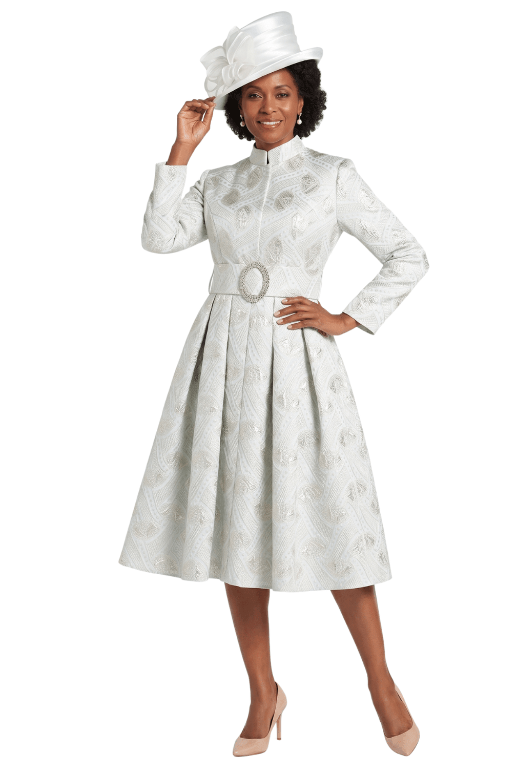 Stand Collar A-line Metallic Brcd Drs w/ Belt-Plus - Especially Yours