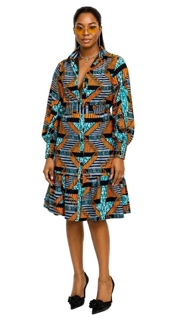 JUMOKE AFRICAN PRINT RUFFLE HEM SHIRT DRESS [MULTICOLOR]