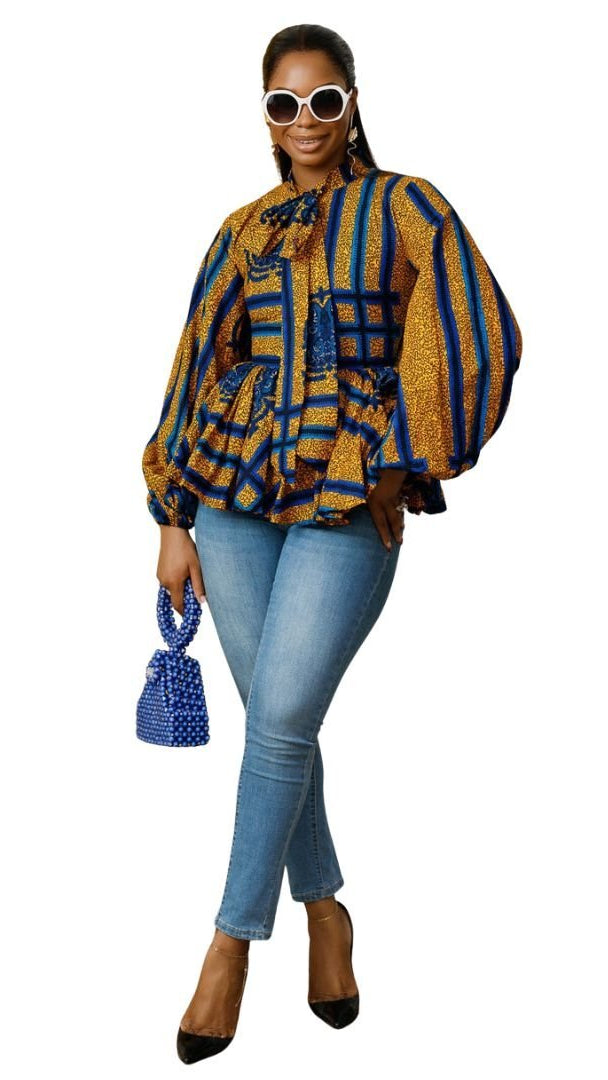 BIBI AFRICAN PRINT TIE NECK PEPLUM TOP [BLUE]