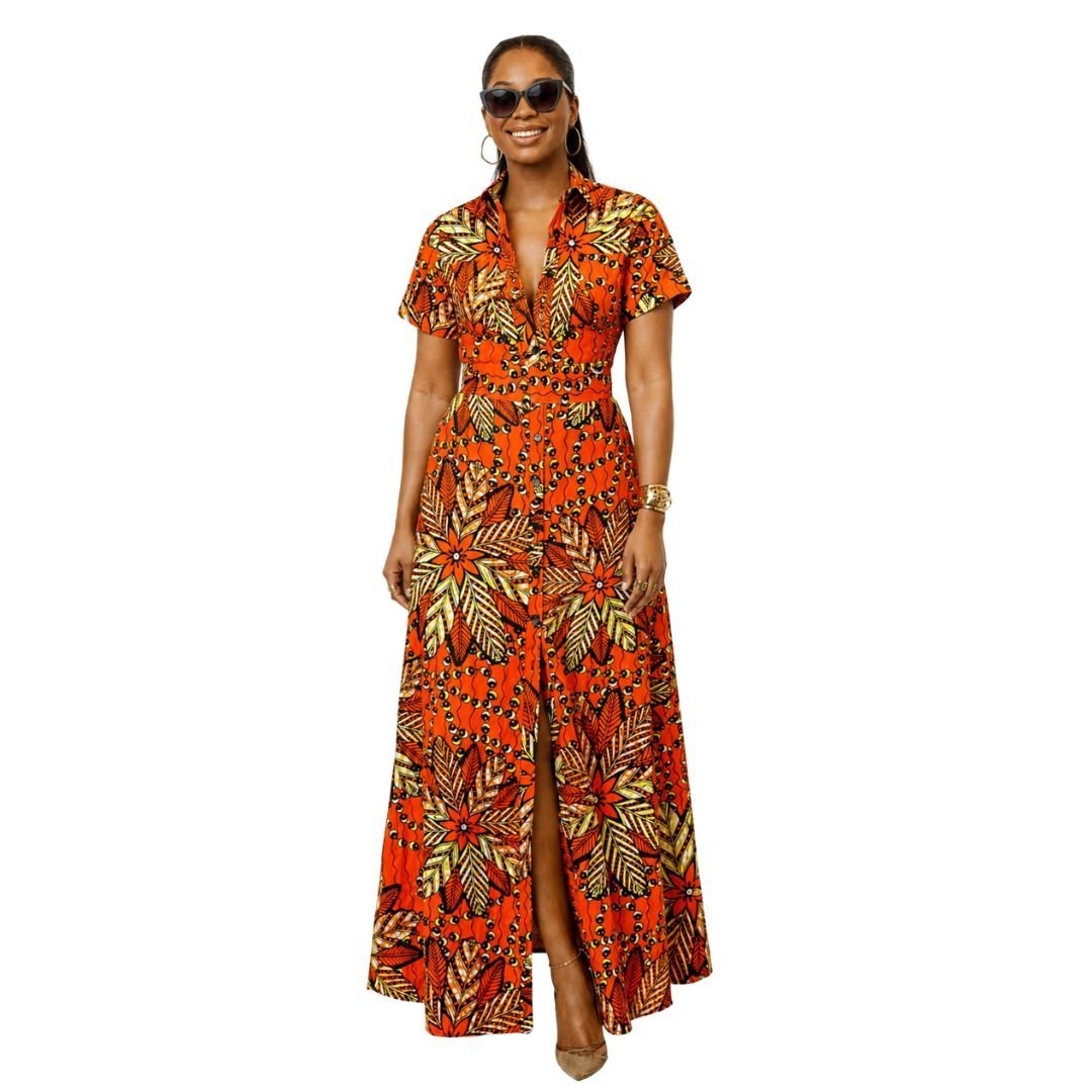 NANNY AFRICAN PRINT MAXI A - LINE SHIRT DRESS [ORANGE] - Especially Yours