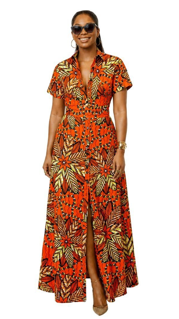 NANNY AFRICAN PRINT MAXI A-LINE SHIRT DRESS [ORANGE]