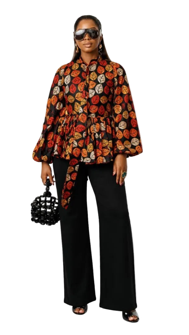 BIBI AFRICAN PRINT TIE NECK PEPLUM TOP [FLORAL]