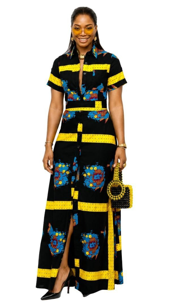 NANNY AFRICAN PRINT MAXI A-LINE SHIRT DRESS