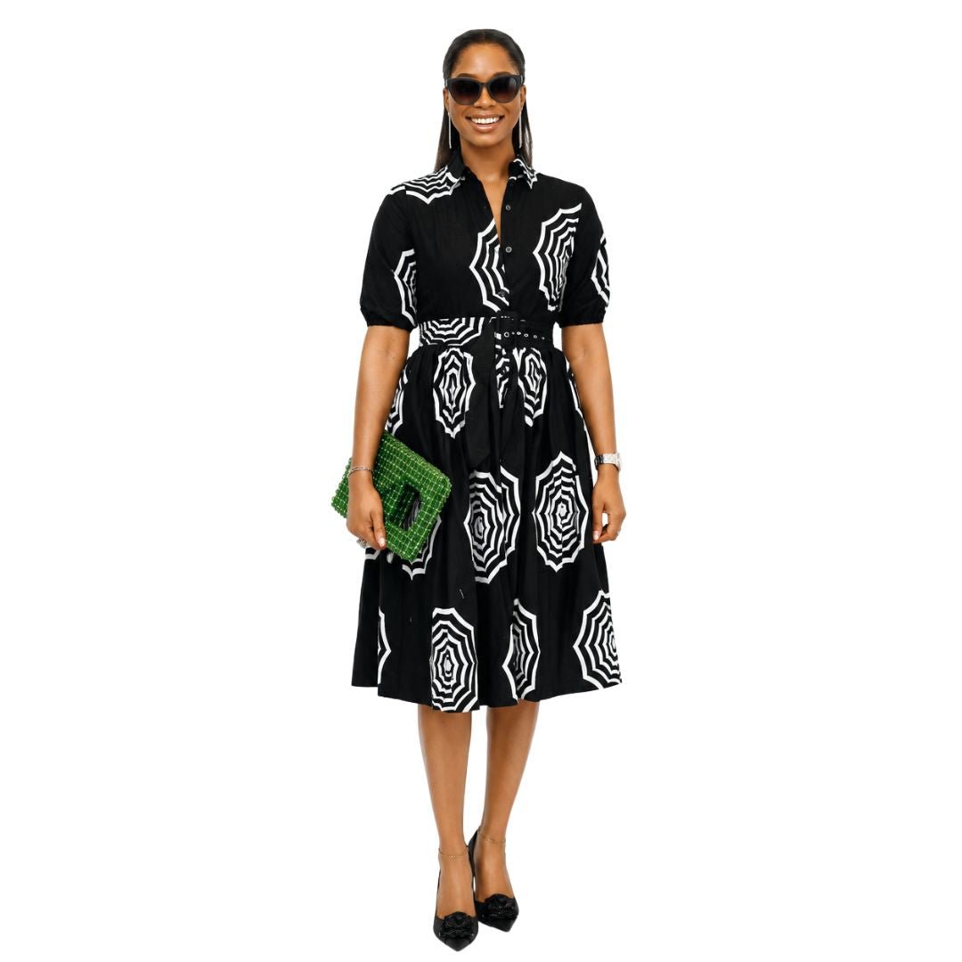 MOREMI AFRICAN PRINT BUTTON DOWN DRESS [BLACK]PRE-ORDER [SHIPS ON OR BEFORE OCT 19TH]