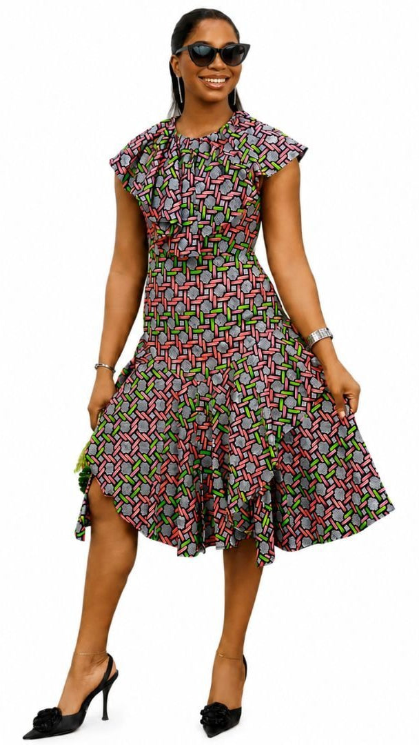 NALA AFRICAN PRINT RUFFLE NECK MIDI DRESS [PINK]