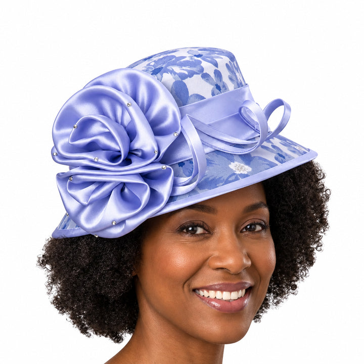 Small Brim Brocade Hat w/ Satin Flower & Ribbon
