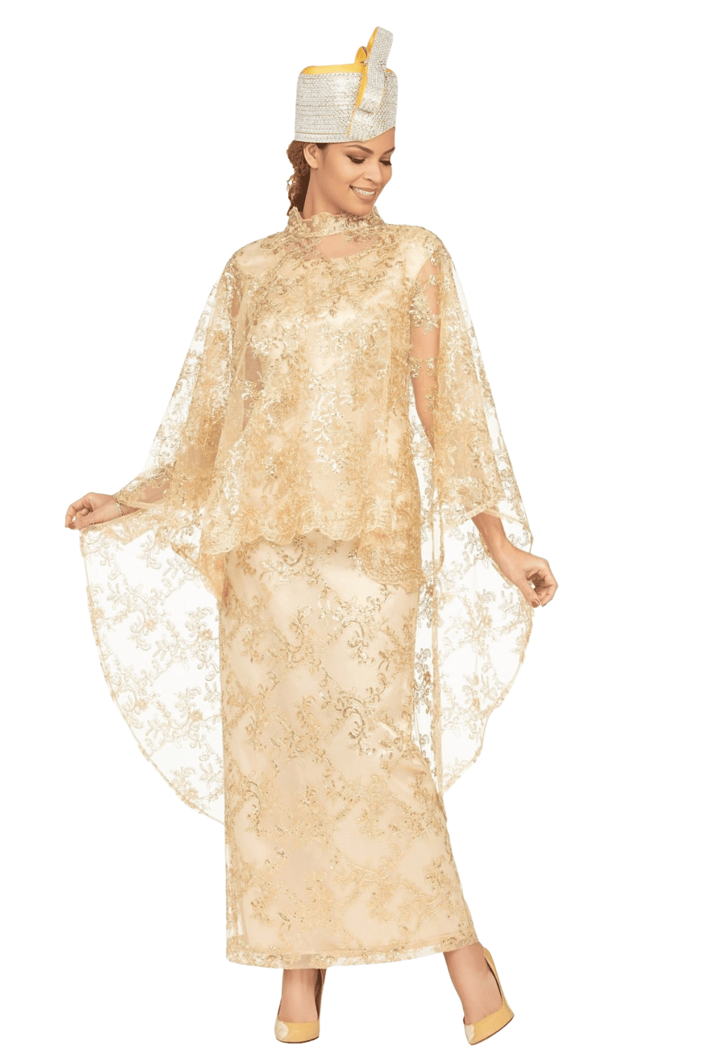2pc Lux Sequined Lace Drs + Hi - low Cape - Especially Yours