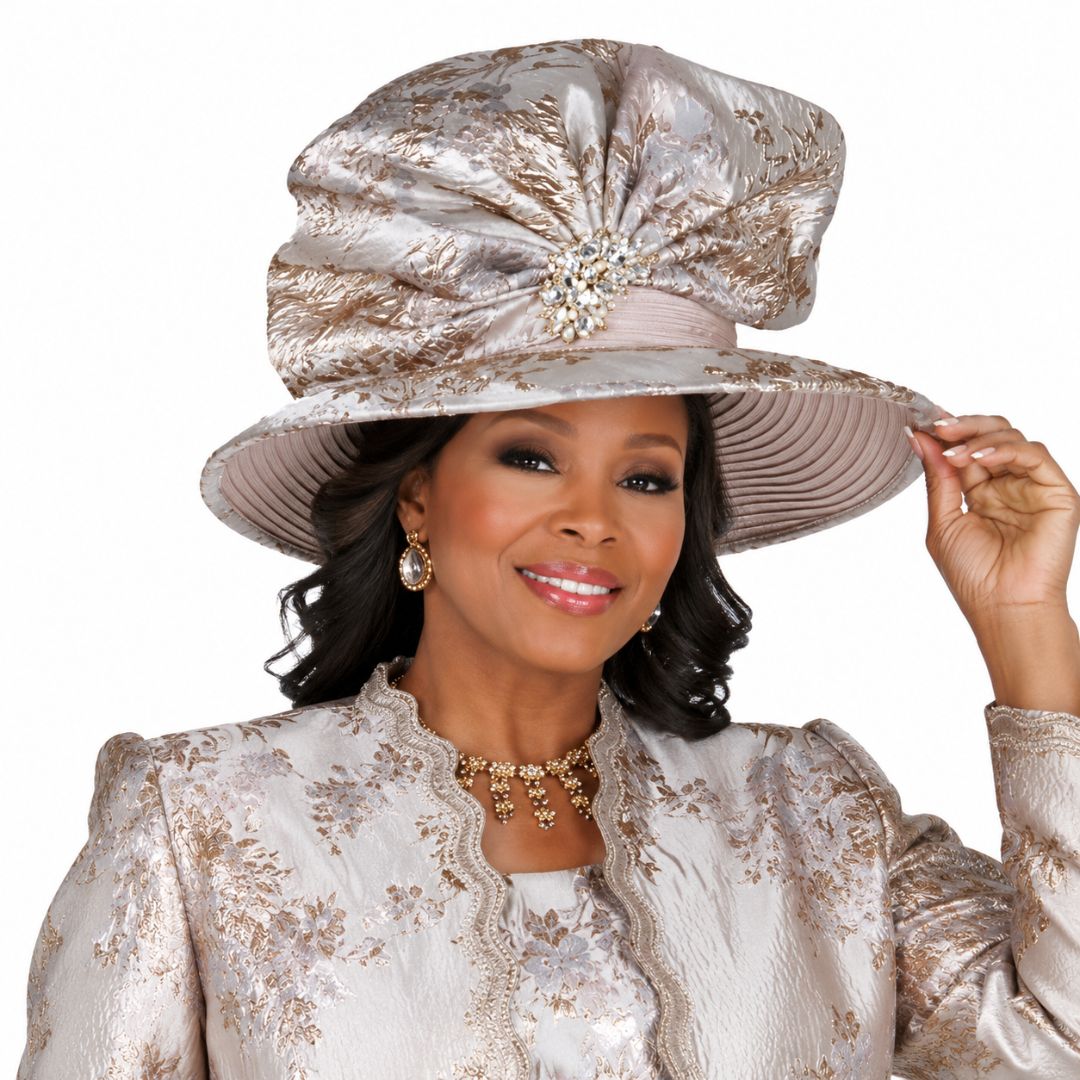 Elegant Champagne Brocade Church Hat with Beaded Floral Accent - Especially Yours