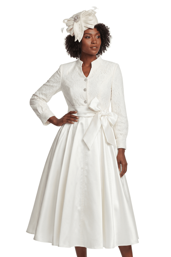Balloon Slv Lace&Twill A-line Drs w/ Belt-Plus - Especially Yours