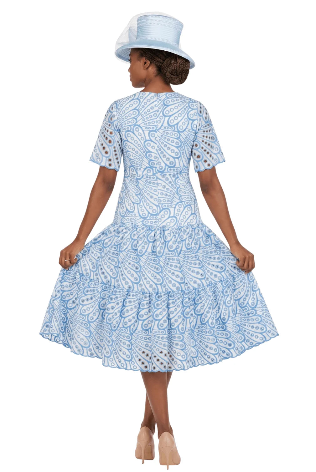 V-neck Cotton Blend A-line Tiered Eyelet Dress