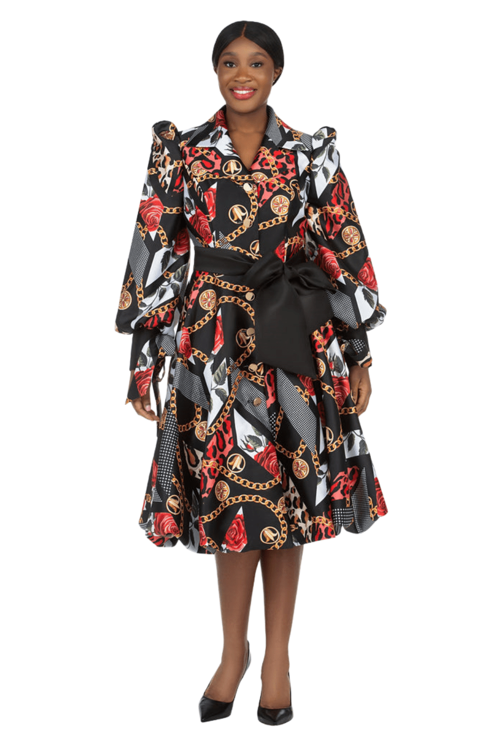 1pc Notch Collar Chain Print Dress w/ Belt - Plus - Especially Yours