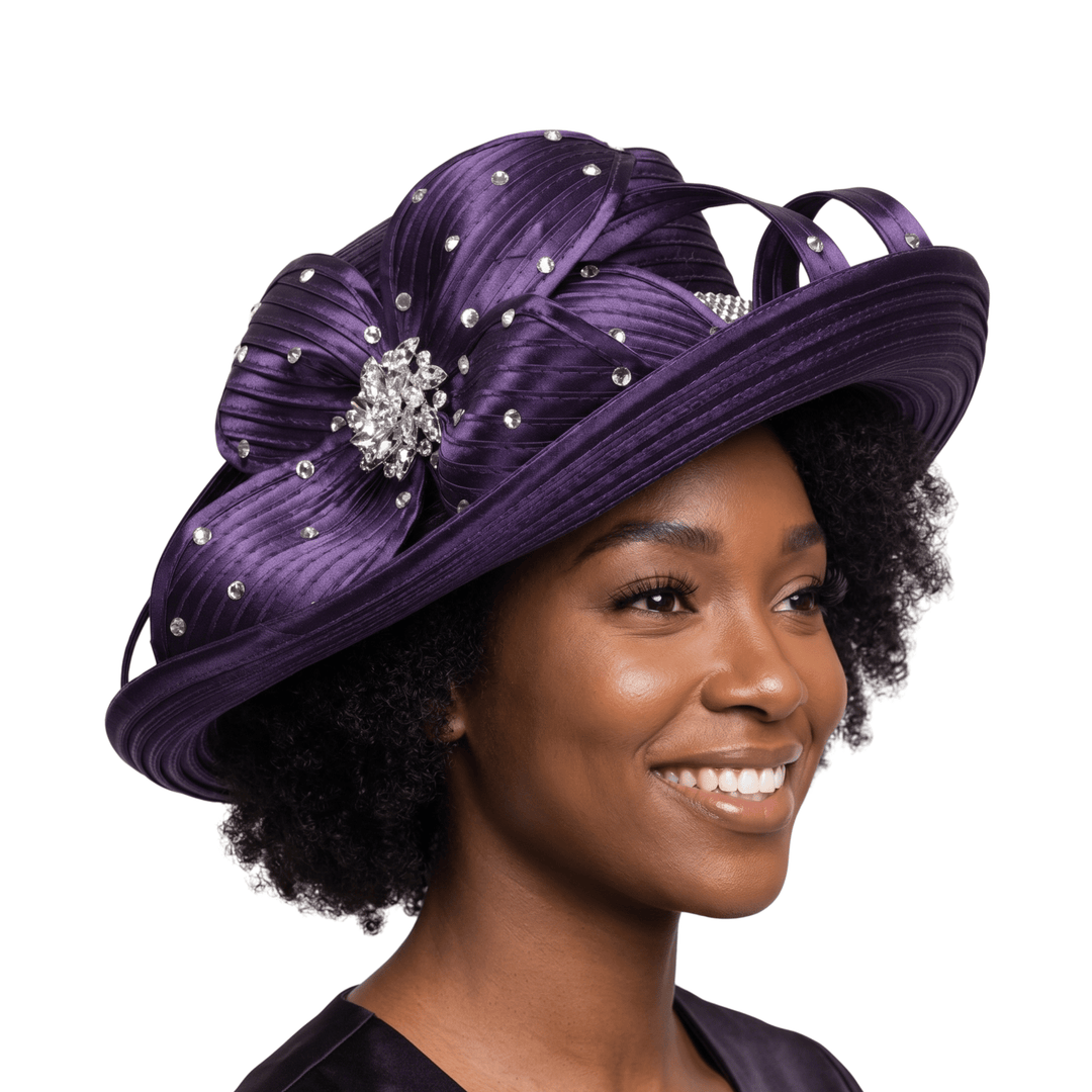 Rhinestone Med Brim Ribbon Hat w/ Flower - Especially Yours