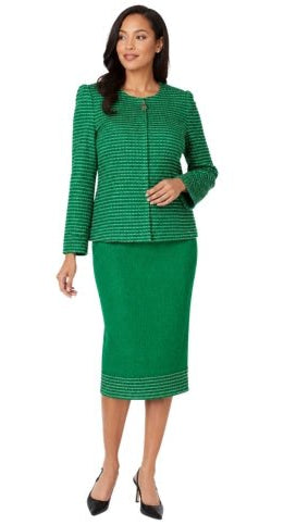 Green Textured Knit Skirt Suit - 7325