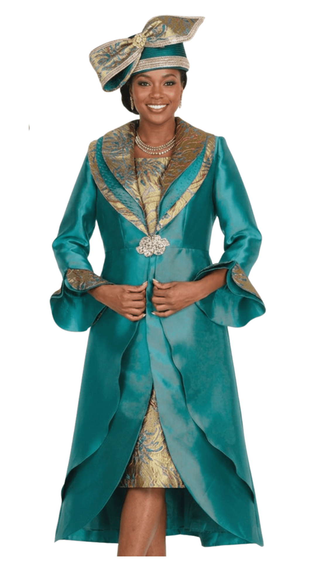 Elegant Elite Champagne 6160-GN Green Brocade Duster & Sleeveless Dress Suit - Especially Yours
