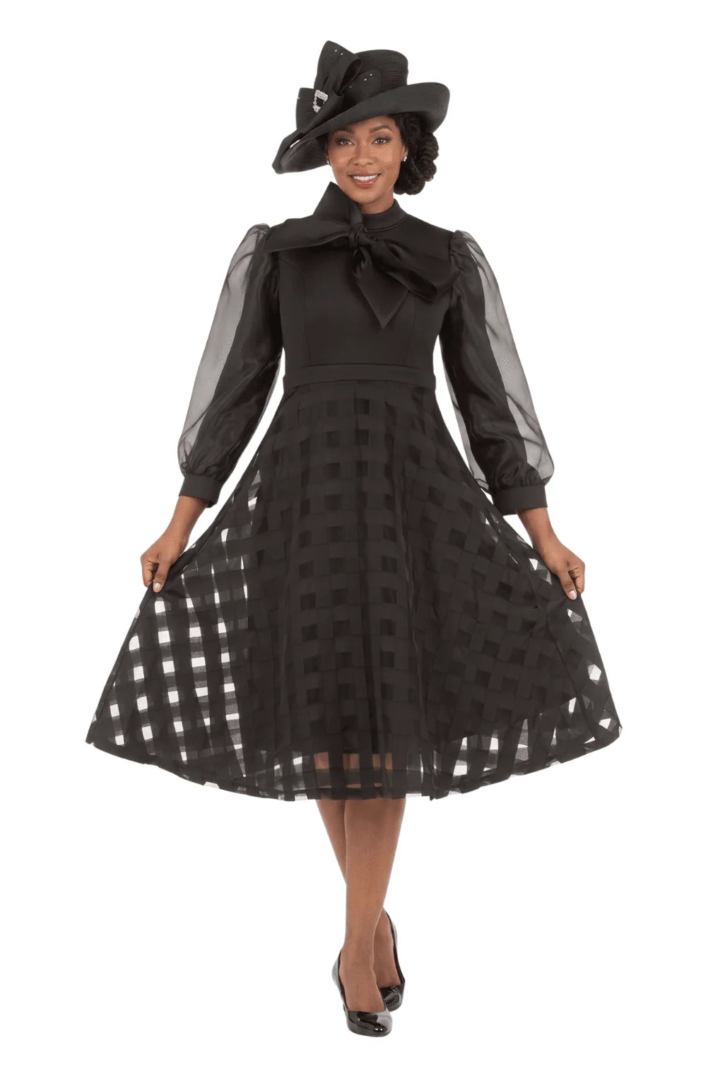 Mock Nk Plaid Organza A-line Drs w/ Bow