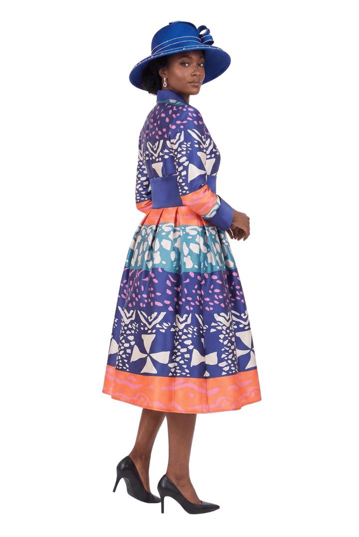 Stand Collar A-line Print Dress w/ Belt-Plus - Especially Yours
