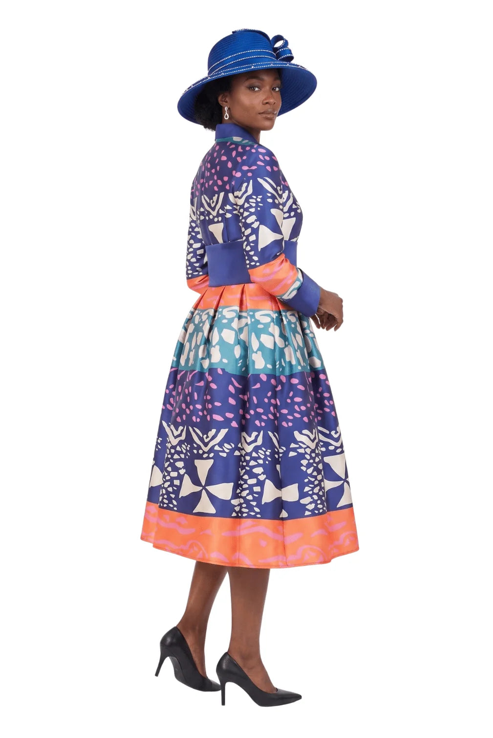 Stand Collar A-line Print Dress w/ Belt-Plus