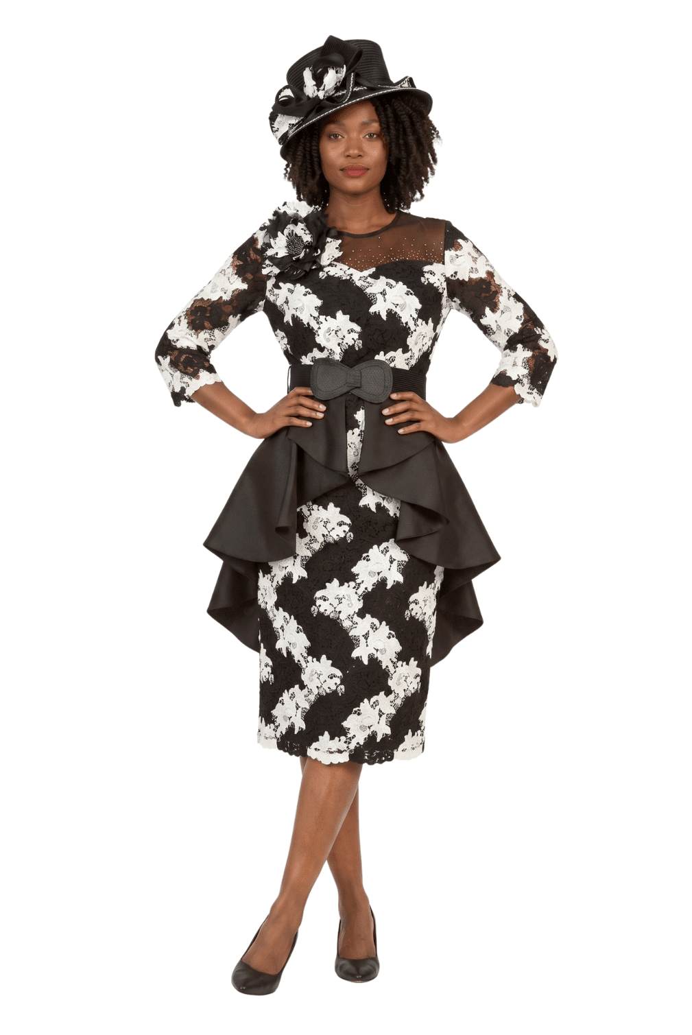 Two - Tone Lace Midi Dress w/ Rfl Peplum&Belt - Plus - Especially Yours