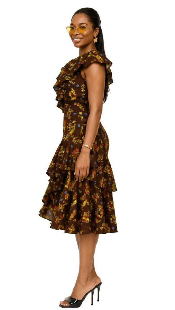 NALA AFRICAN PRINT RUFFLE NECK MIDI DRESS