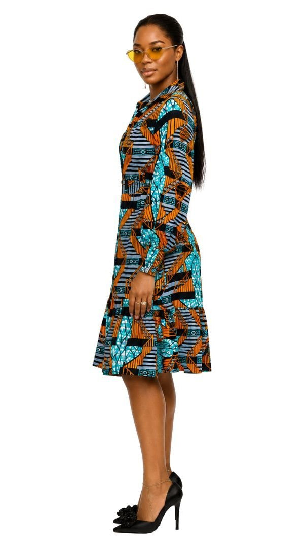 JUMOKE AFRICAN PRINT RUFFLE HEM SHIRT DRESS [MULTICOLOR]