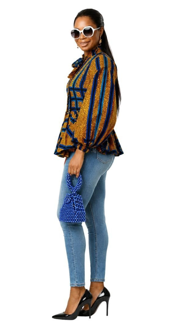 BIBI AFRICAN PRINT TIE NECK PEPLUM TOP [BLUE]