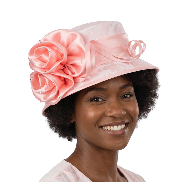 Small Brim Brocade Hat w/ Satin Flower & Ribbon