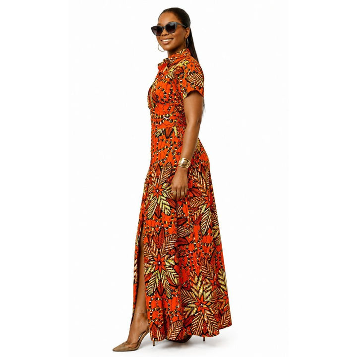 NANNY AFRICAN PRINT MAXI A - LINE SHIRT DRESS [ORANGE] - Especially Yours