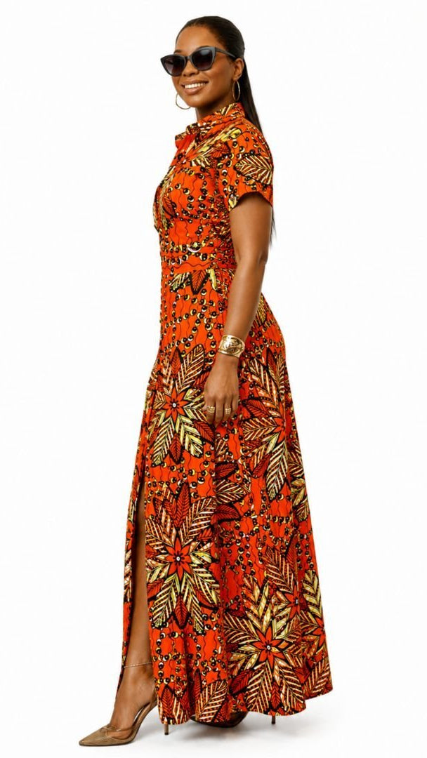 NANNY AFRICAN PRINT MAXI A-LINE SHIRT DRESS [ORANGE]