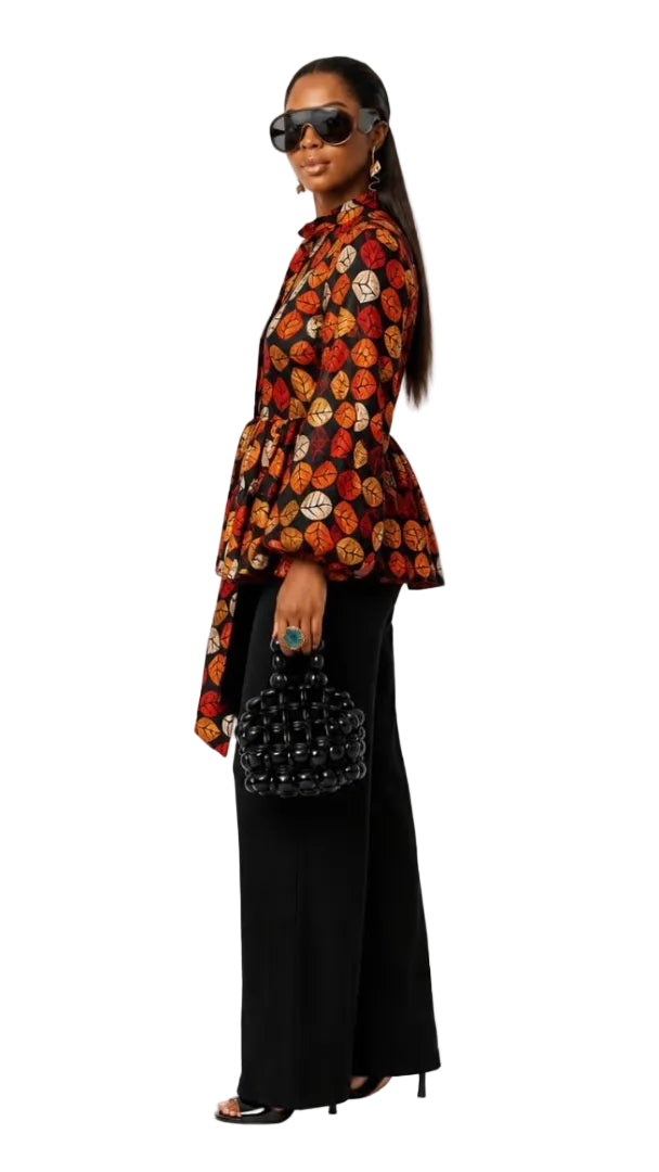 BIBI AFRICAN PRINT TIE NECK PEPLUM TOP [FLORAL]