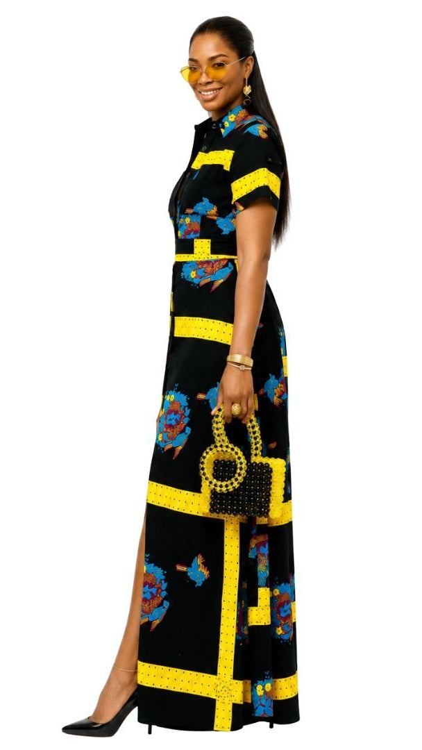 NANNY AFRICAN PRINT MAXI A-LINE SHIRT DRESS