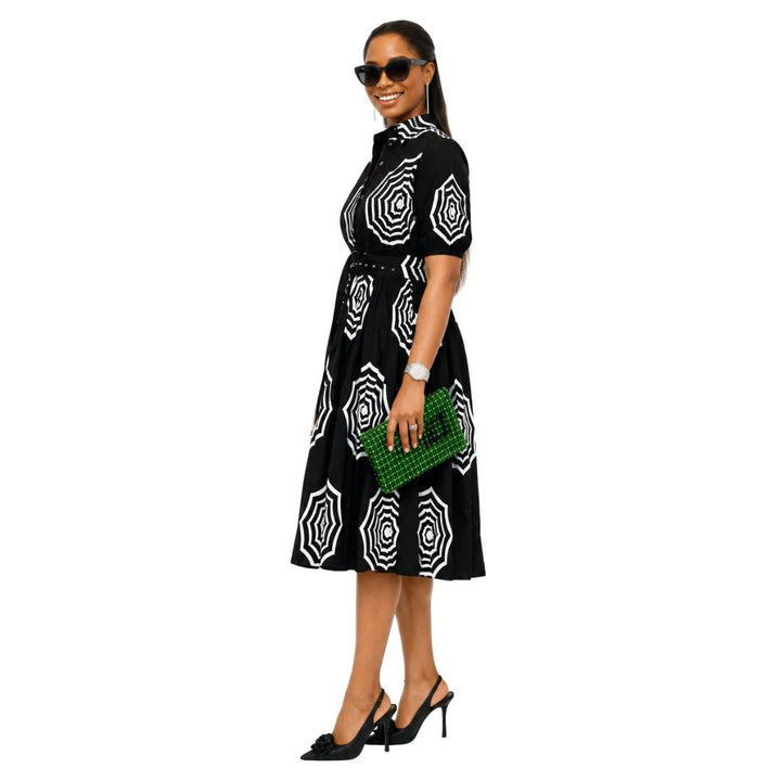 MOREMI AFRICAN PRINT BUTTON DOWN DRESS [BLACK]PRE-ORDER [SHIPS ON OR BEFORE OCT 19TH]