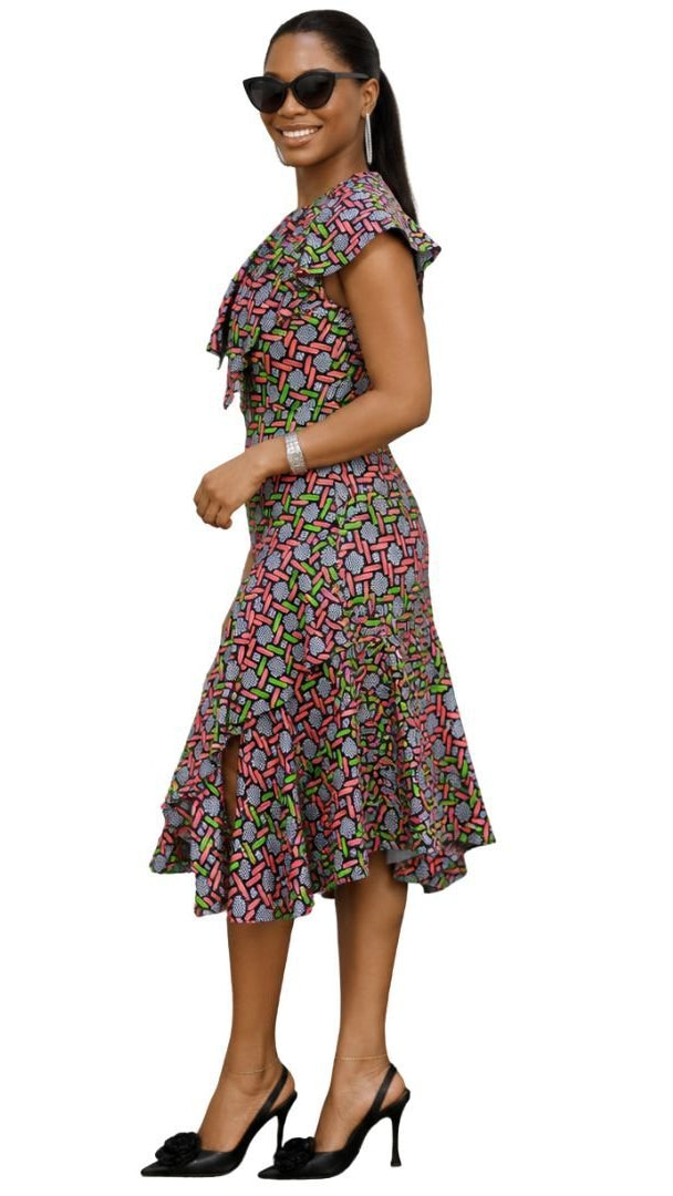 NALA AFRICAN PRINT RUFFLE NECK MIDI DRESS [PINK]