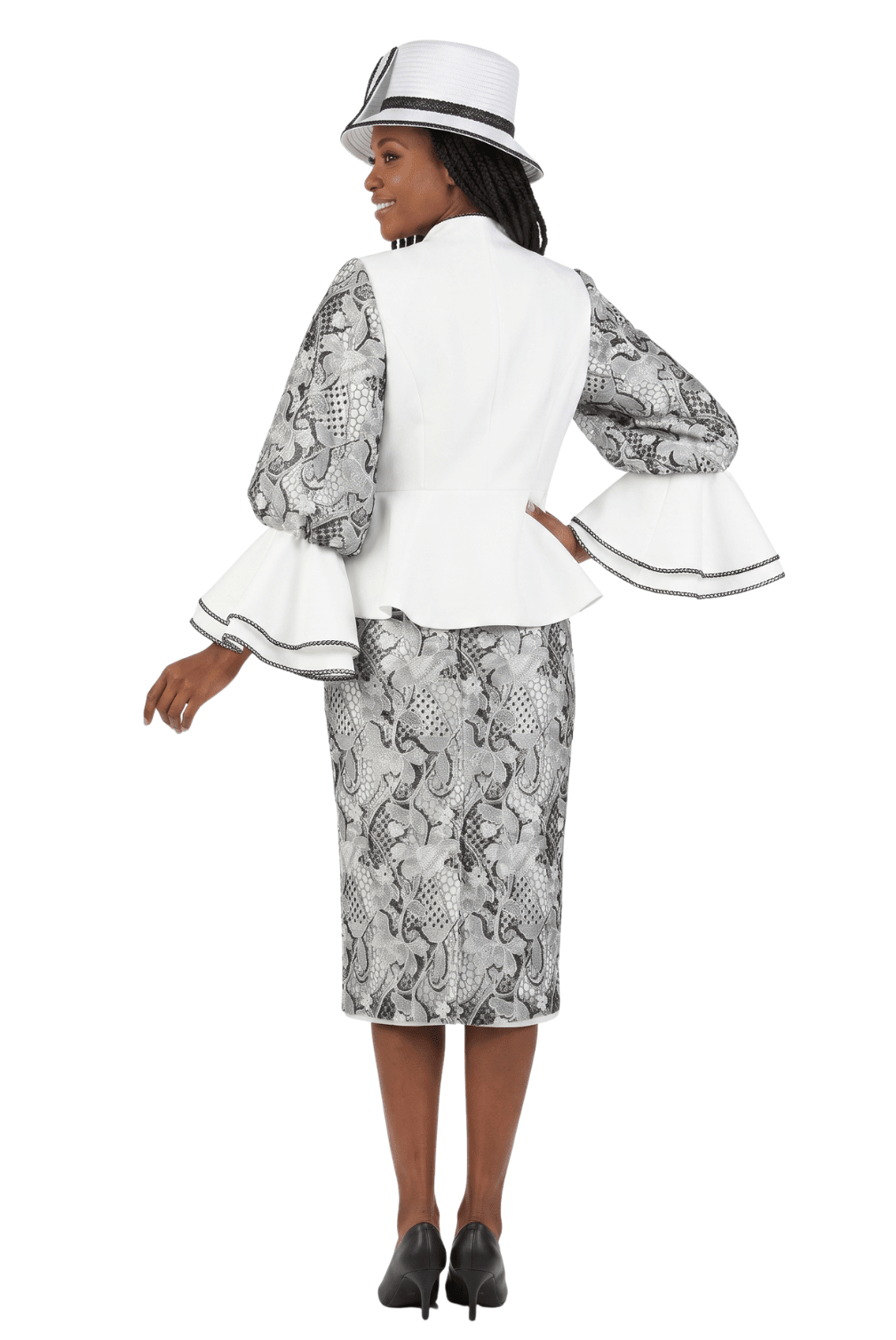 3pc Two-tone Lace Accent Peplum Skt Suit-Plus - Especially Yours